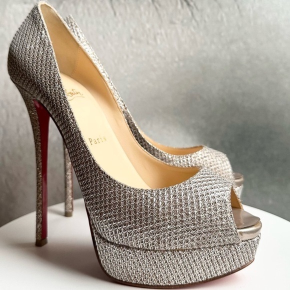 🌺CHRISTIAN LOUBOUTIN 🌺 Fetish Peep 150mm Platform Pumps in Colombe Size: 39.5 - Picture 8 of 15